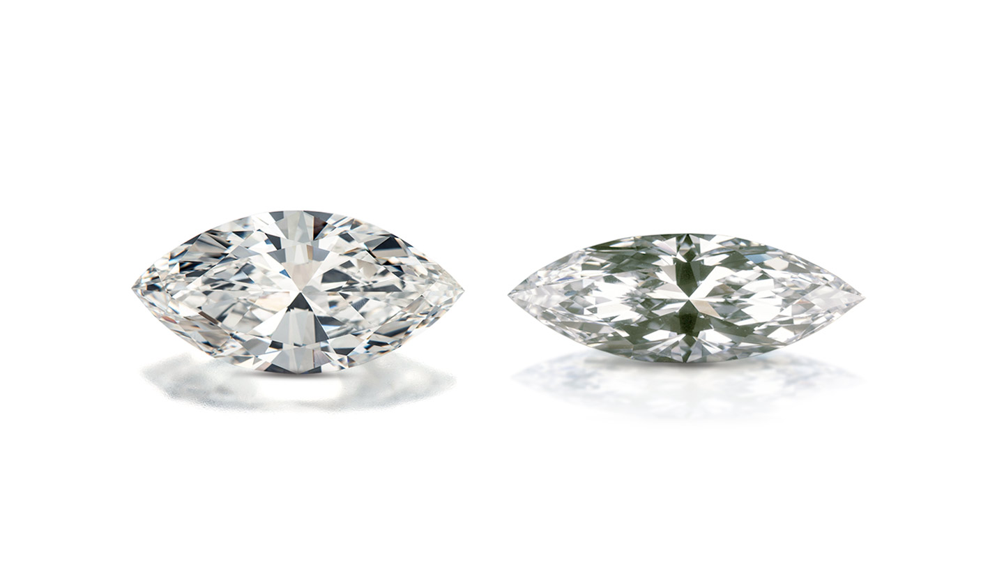 Two marquise diamonds—one with a subtle bow-tie effect and one with a more pronounced bow-tie.