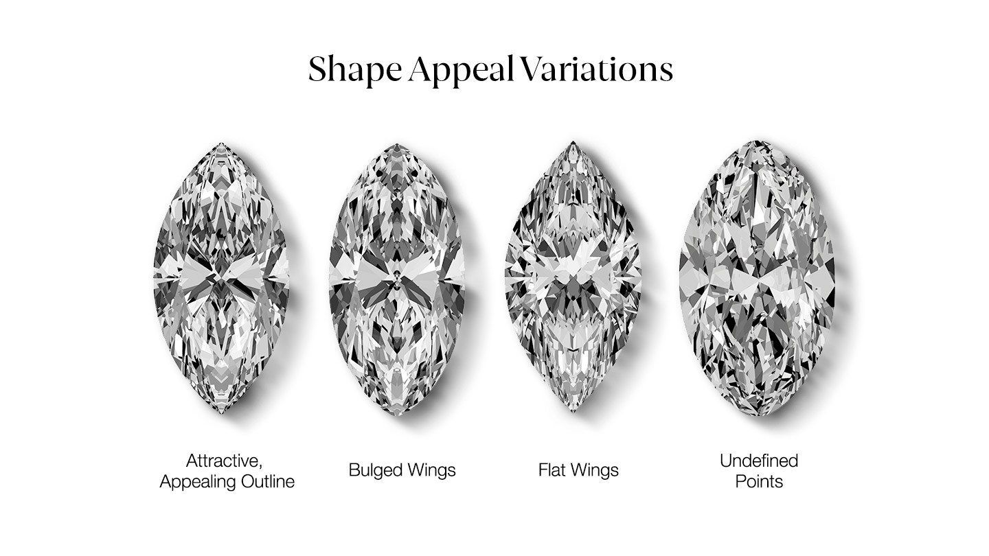4 marquise cut diamonds with variations in shape that can affect the diamond's over all appeal.