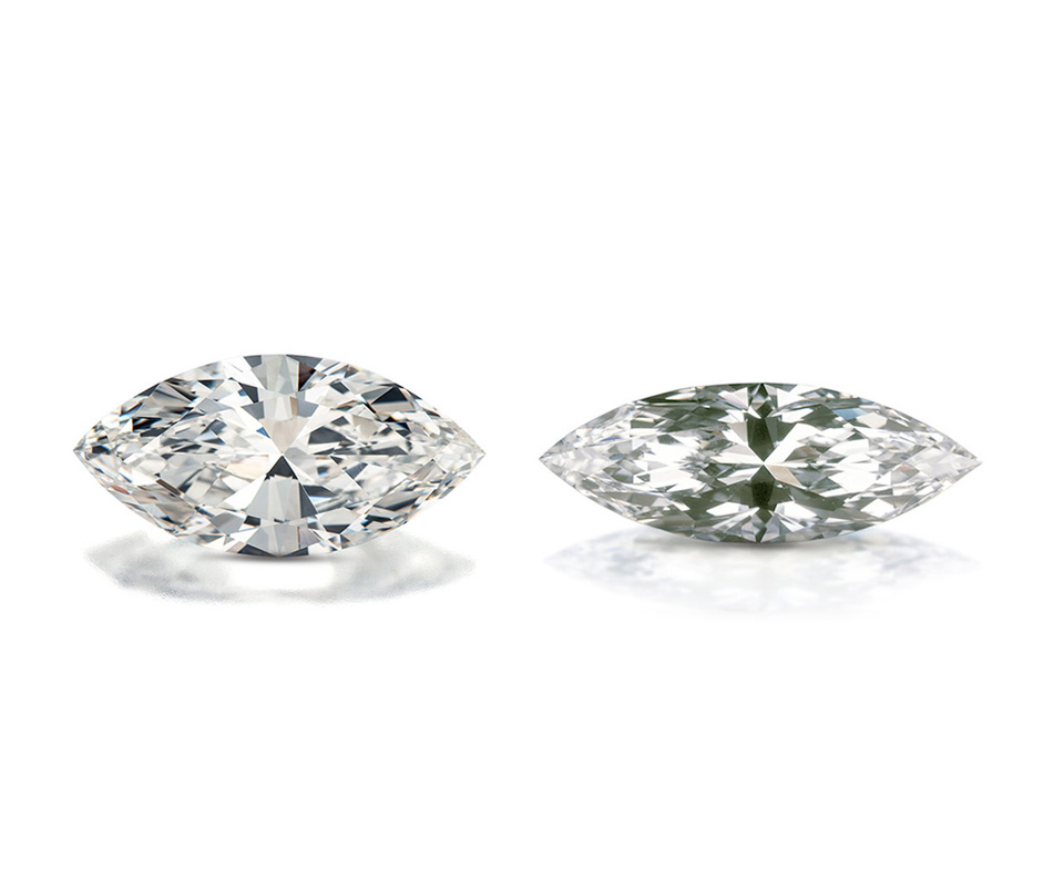 Two marquise diamonds—one with a subtle bow-tie effect and one with a more pronounced bow-tie.