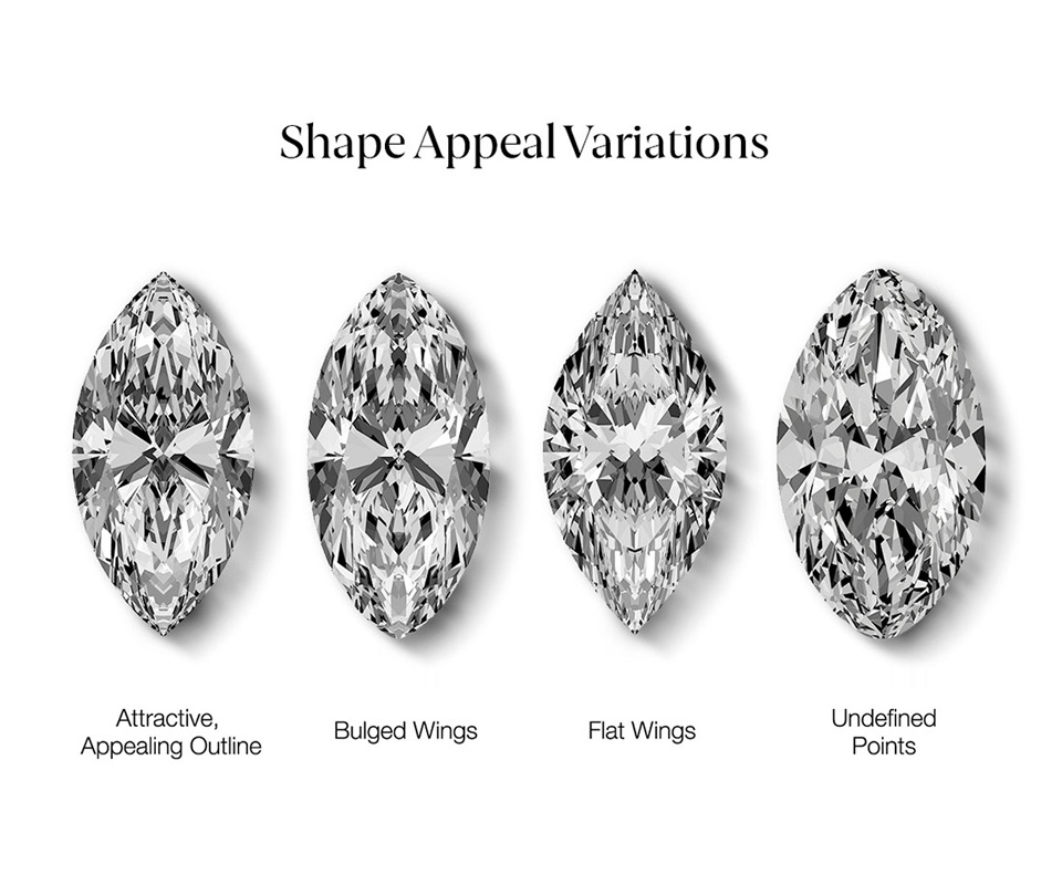 4 marquise cut diamonds with variations in shape that can affect the diamond's over all appeal.